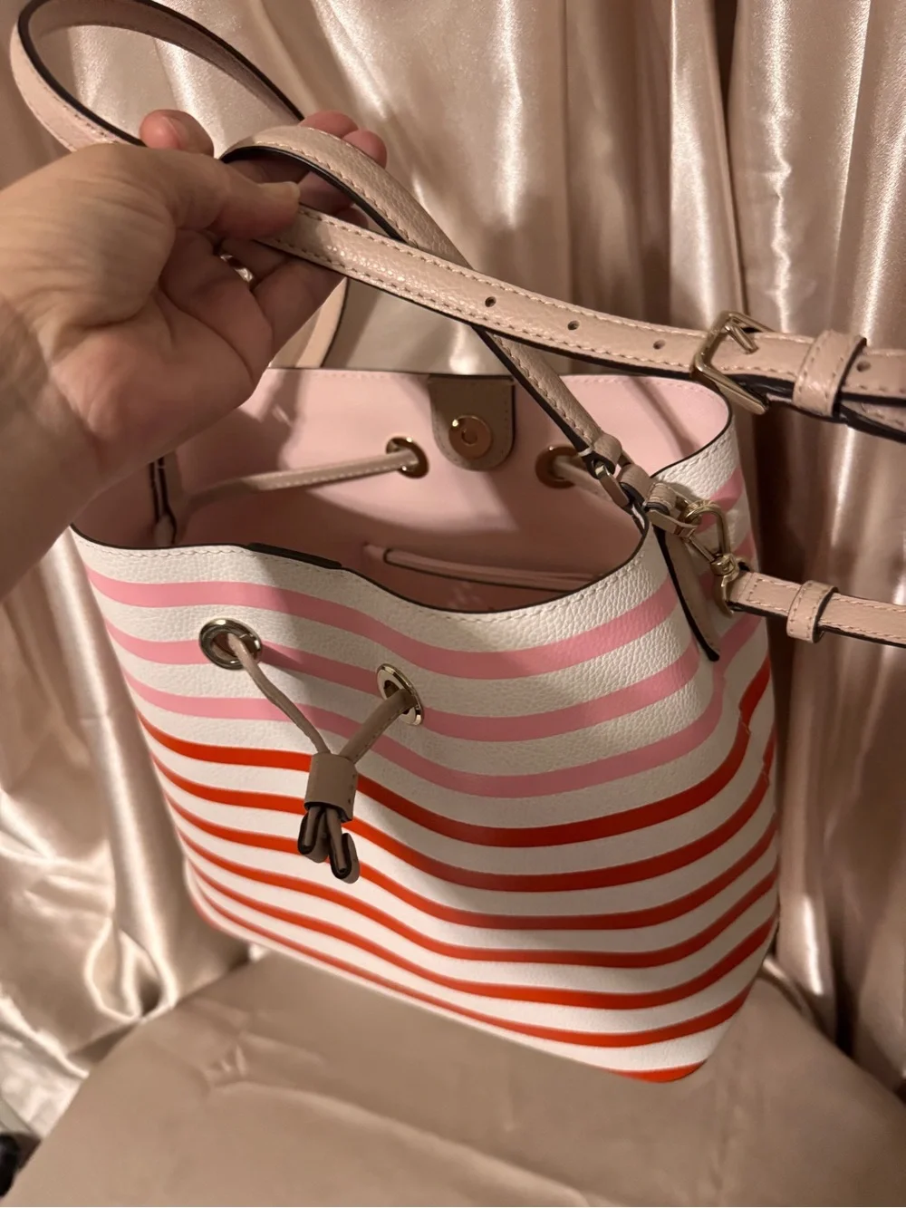 kate spade White, Pink & Red Striped Leather Drawstring Bucket Bag